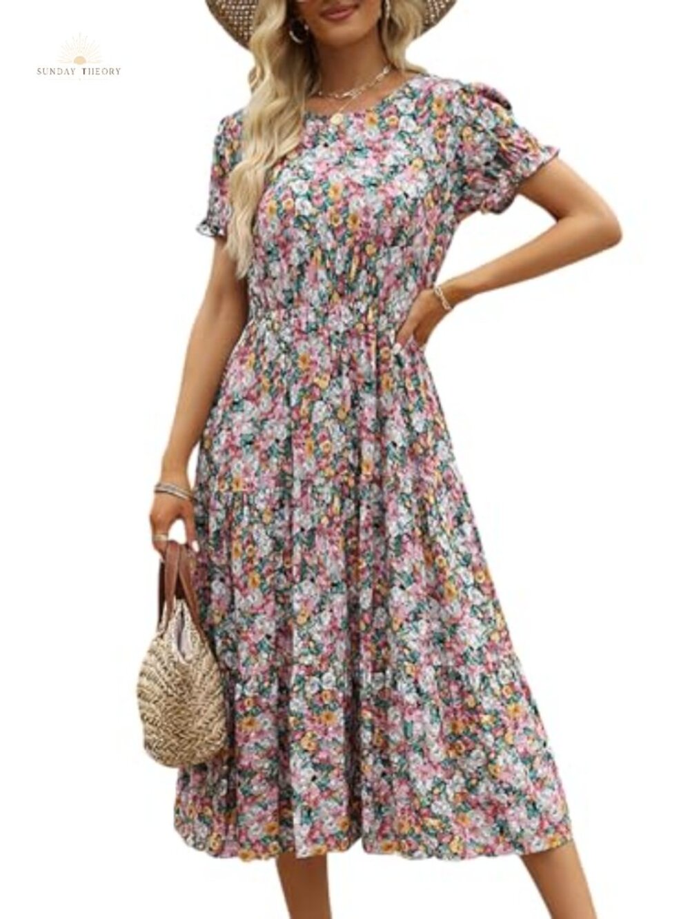Womens Floral Print Modest Midi Dress with Pockets Puff Sleeve